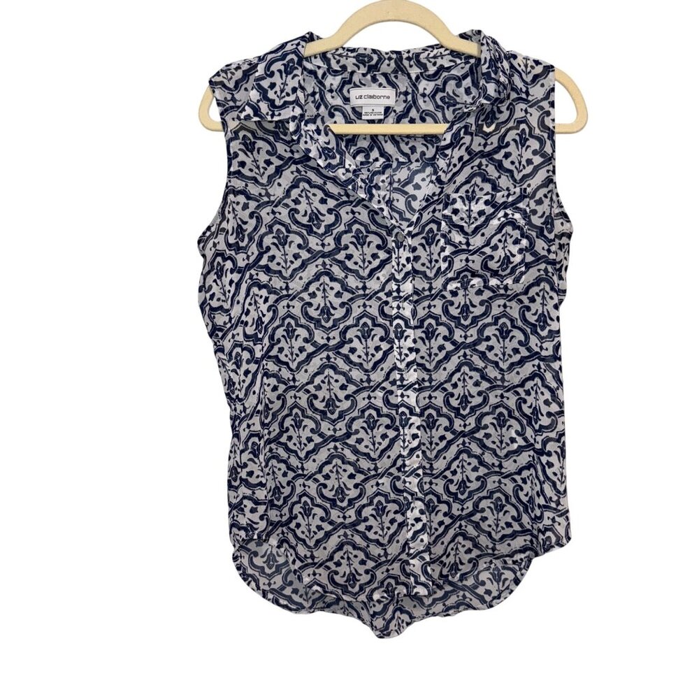 Liz Claiborne Sleeveless Button-Down Blouse Navy & White Floral Print Size S